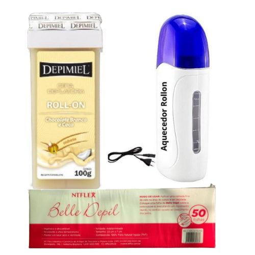 Kit Aquecedor de Cera Roll-On + Refil de Cera 100g + 50 Lenços para Depilação Original