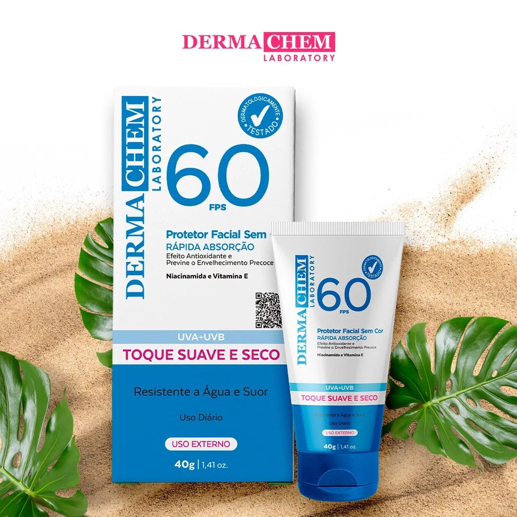 Protetor Solar Rosto FPS 60 Super Hidratante Rejuvenescedor Sem Cor Toque Seco 40g Dermachem