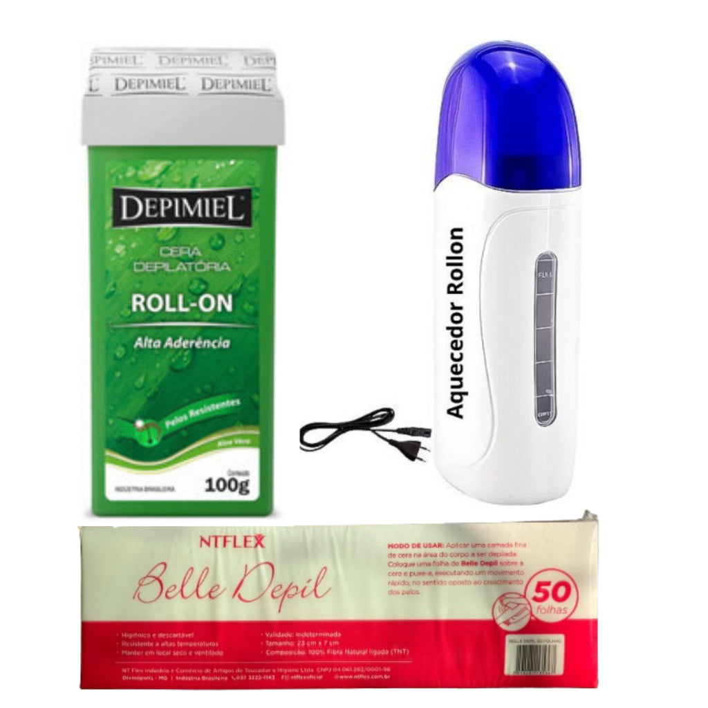 Kit Aquecedor de Cera Roll-On + Refil de Cera 100g + 50 Lenços para Depilação Original