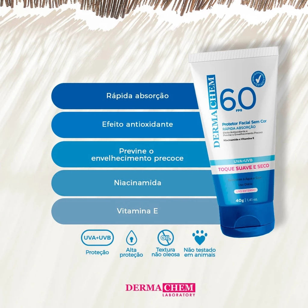 Protetor Solar Rosto FPS 60 Super Hidratante Rejuvenescedor Sem Cor Toque Seco 40g Dermachem