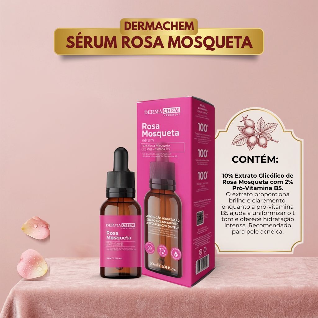 Sérum Facial Rosa Mosqueta Dermachem 30ml Original | Clareador de Manchas, Hidratação Profunda e Antissinais