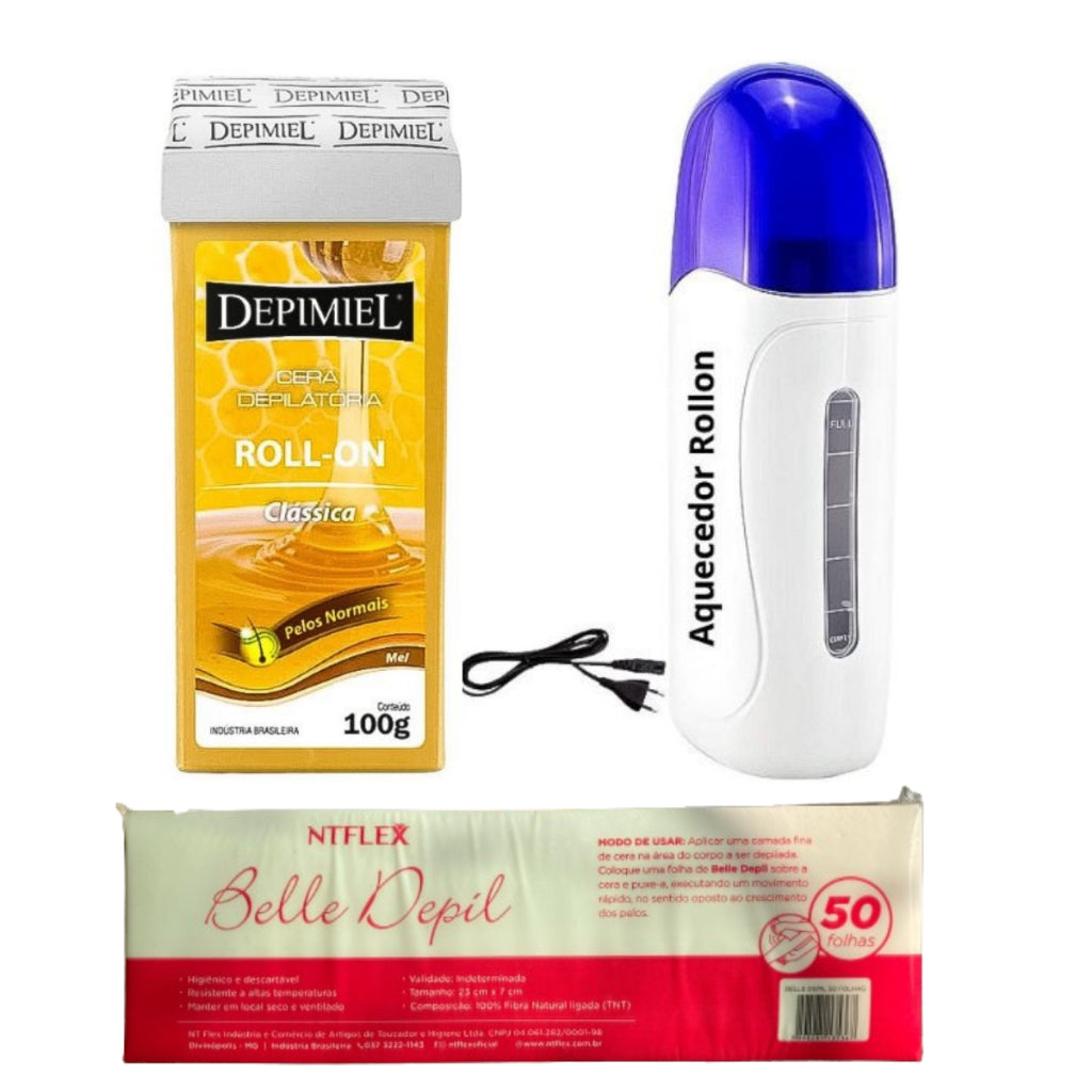 Kit Aquecedor de Cera Roll-On + Refil de Cera 100g + 50 Lenços para Depilação Original