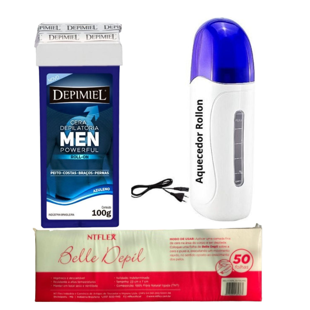 Kit Aquecedor de Cera Roll-On + Refil de Cera 100g + 50 Lenços para Depilação Original