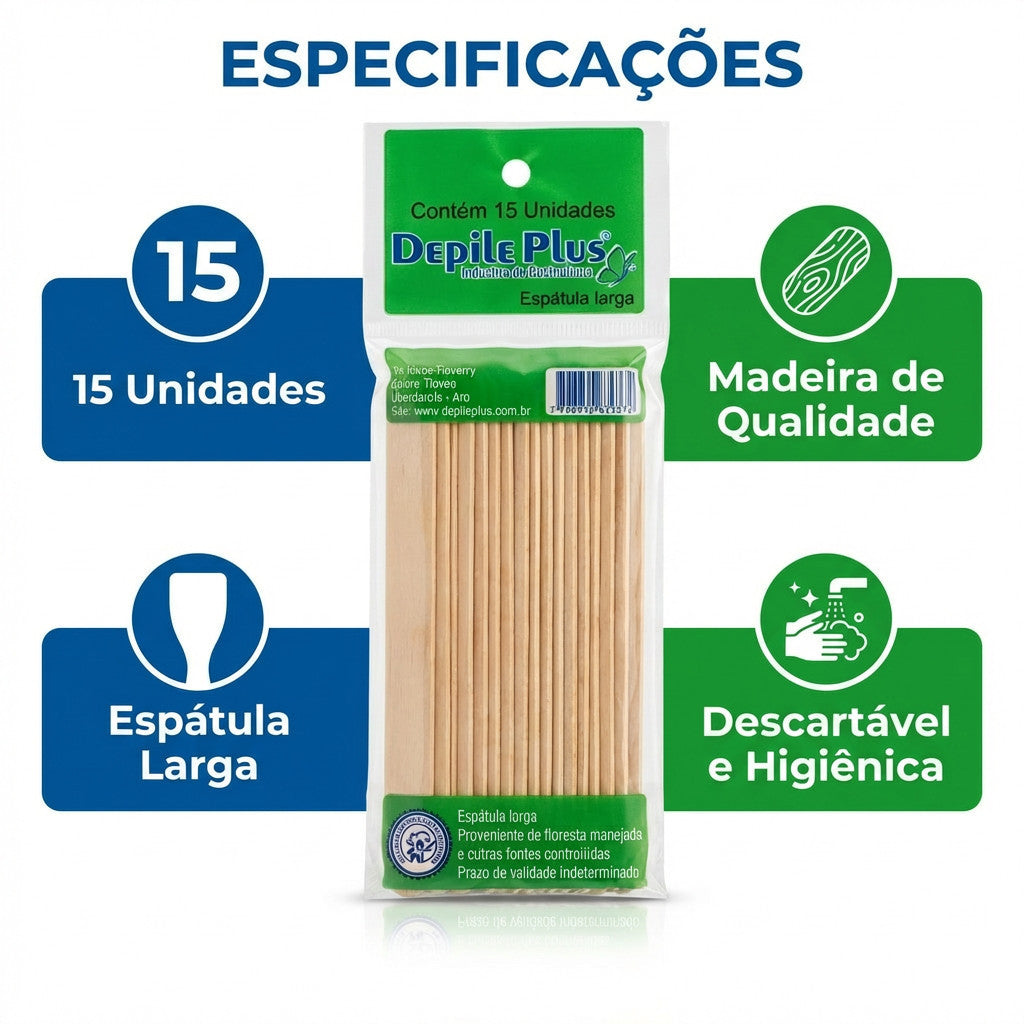 Espátula para Depilação Larga Descartável Depile Plus 15 Unidades 14cm x 1,5cm Original