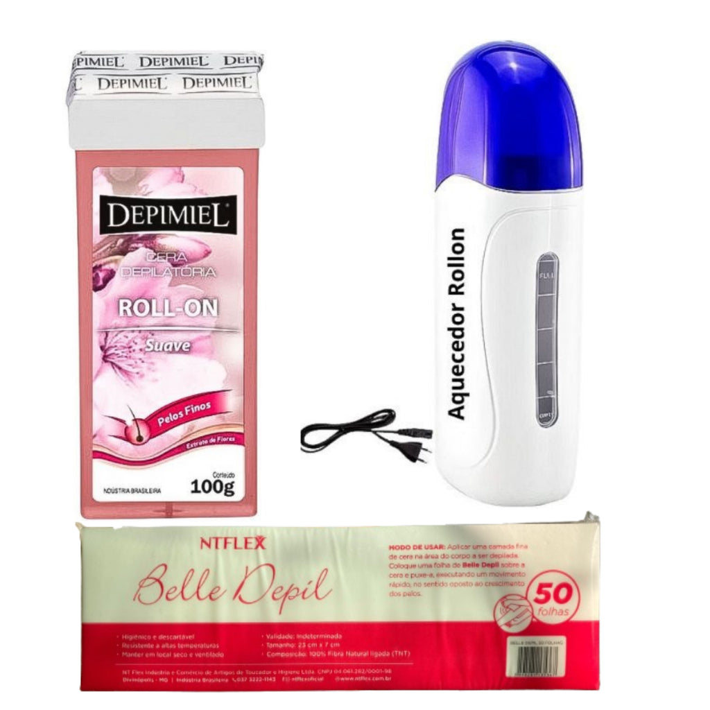 Kit Aquecedor de Cera Roll-On + Refil de Cera 100g + 50 Lenços para Depilação Original