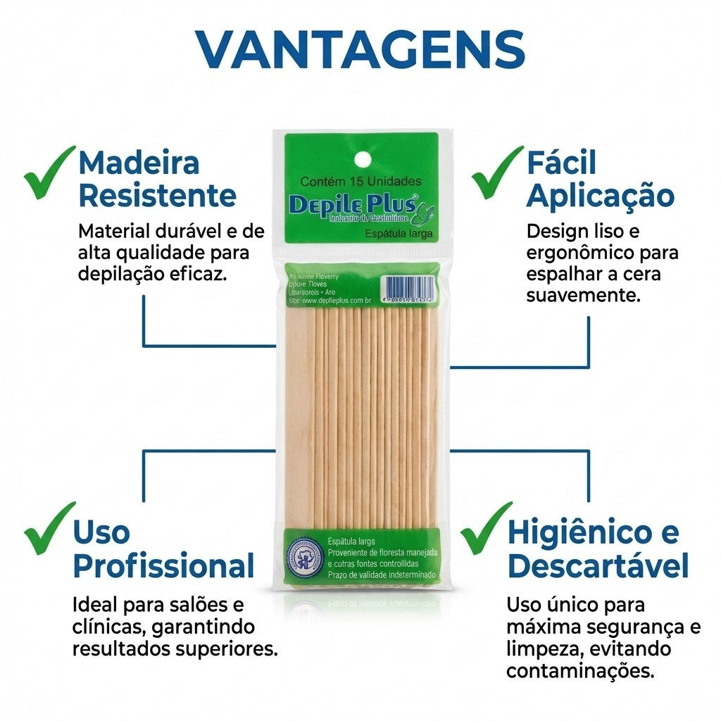 Espátula para Depilação Larga Descartável Depile Plus 15 Unidades 14cm x 1,5cm Original