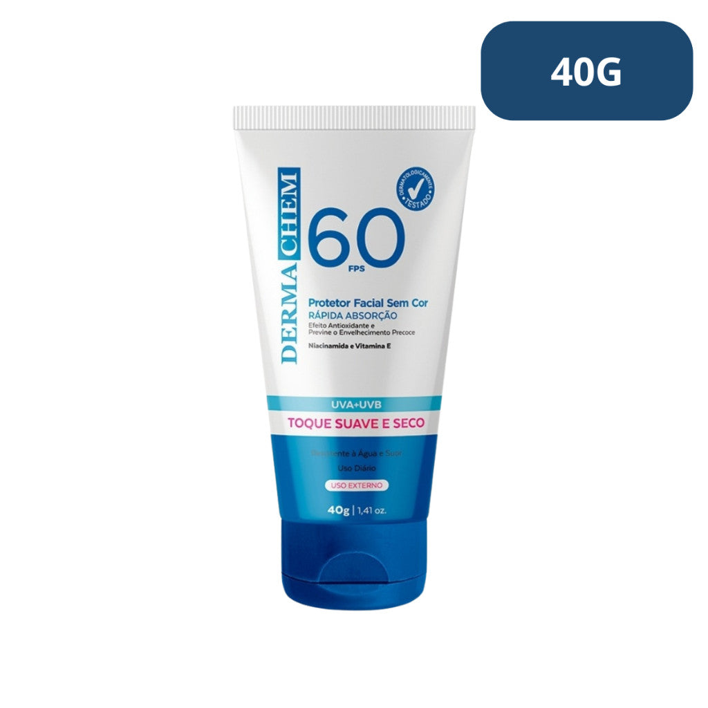 Protetor Solar Rosto FPS 60 Super Hidratante Rejuvenescedor Sem Cor Toque Seco 40g Dermachem