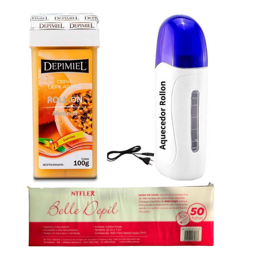 Kit Aquecedor de Cera Roll-On + Refil de Cera 100g + 50 Lenços para Depilação Original