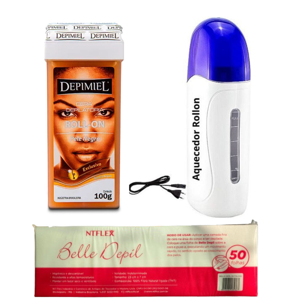 Kit Aquecedor de Cera Roll-On + Refil de Cera 100g + 50 Lenços para Depilação Original